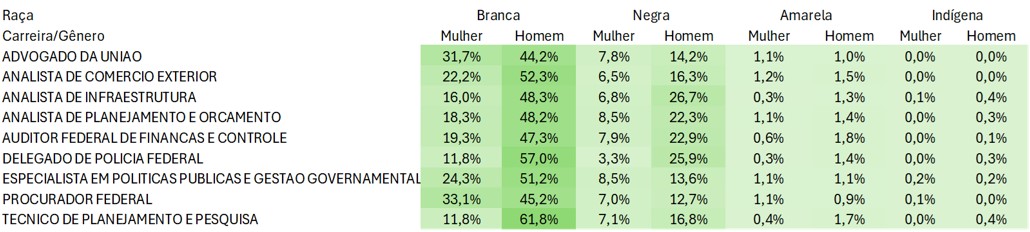 Tabela 1 – Percentual de servidores por gênero e raça em carreiras de maior remuneração